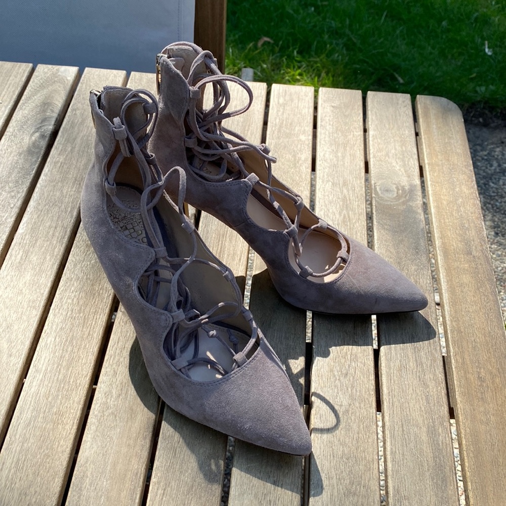 Vince Camuto | taupe lace up suede heels | size 8